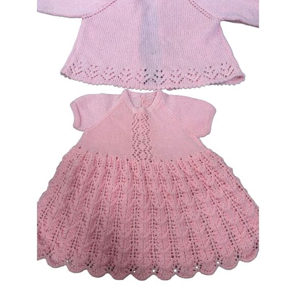 Vintage Handmade Baby Dress & Cardigan Set – Pink Knit Lace, Special Occasion Ou - Picture 10 of 16